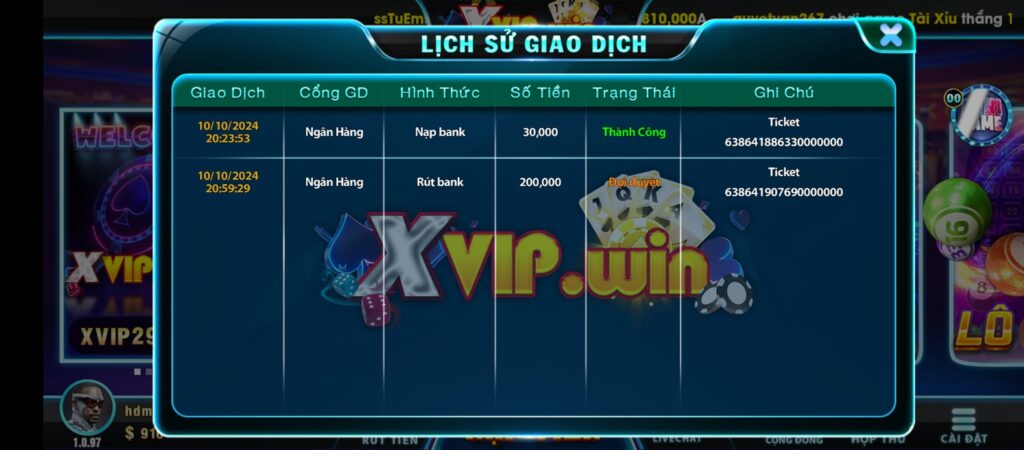 giao diện lịch sử giao dịch xvipwin